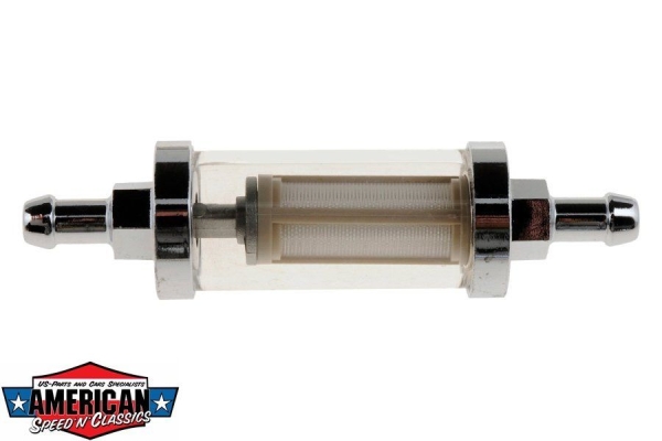 Benzinfilter Chrom Glas 10mm 3/8" Kraftstoff Benzin Diesel Hot Rod Das Original